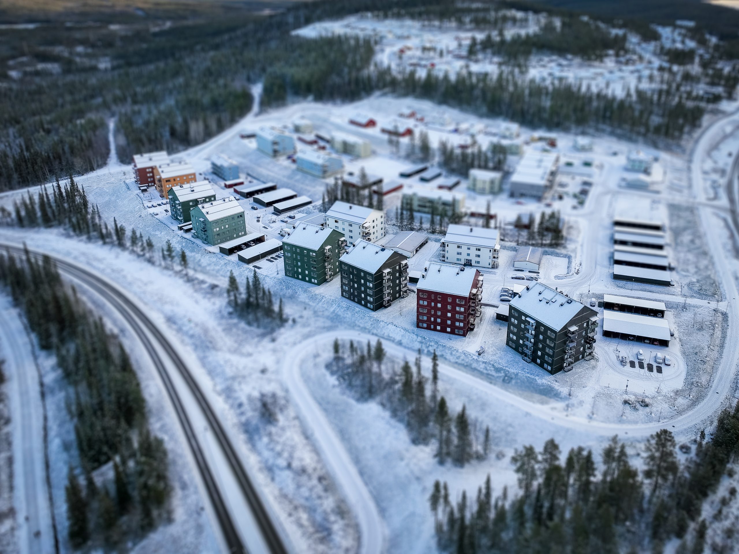 En vinterbild som visar Repisvaara Norras nya bebyggelser.
