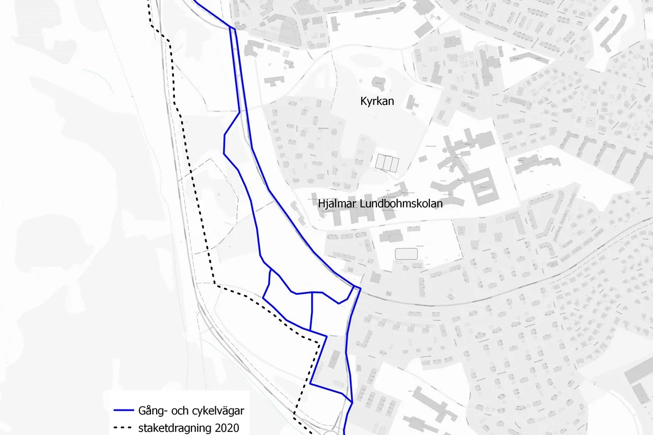 Karta över gång- och cykelvägar vid gamla E10 i Kiruna