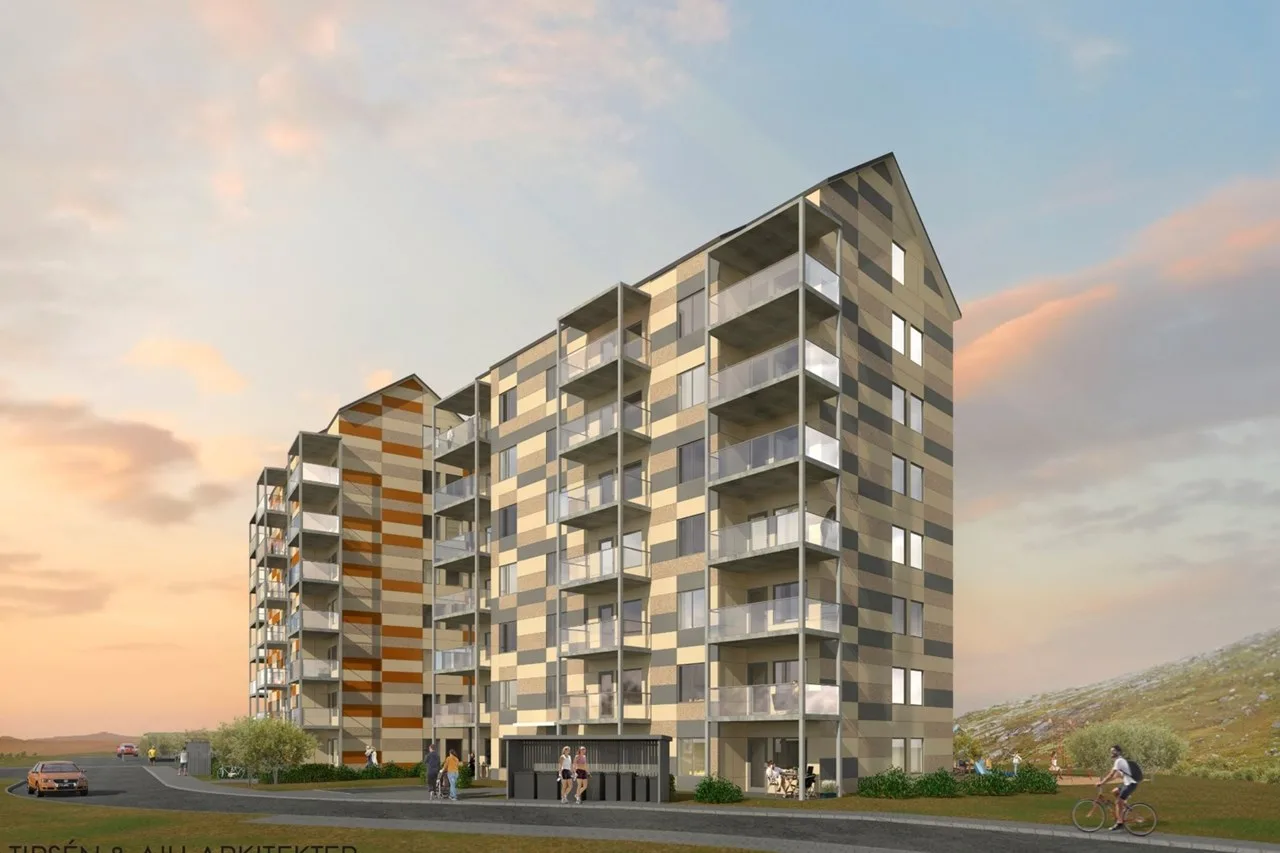 38 nya lägenheter i två separata punkthus byggs på LKAB:s utvecklingsområde på Luossavaara. Foto: Lindbäcks Bygg AB