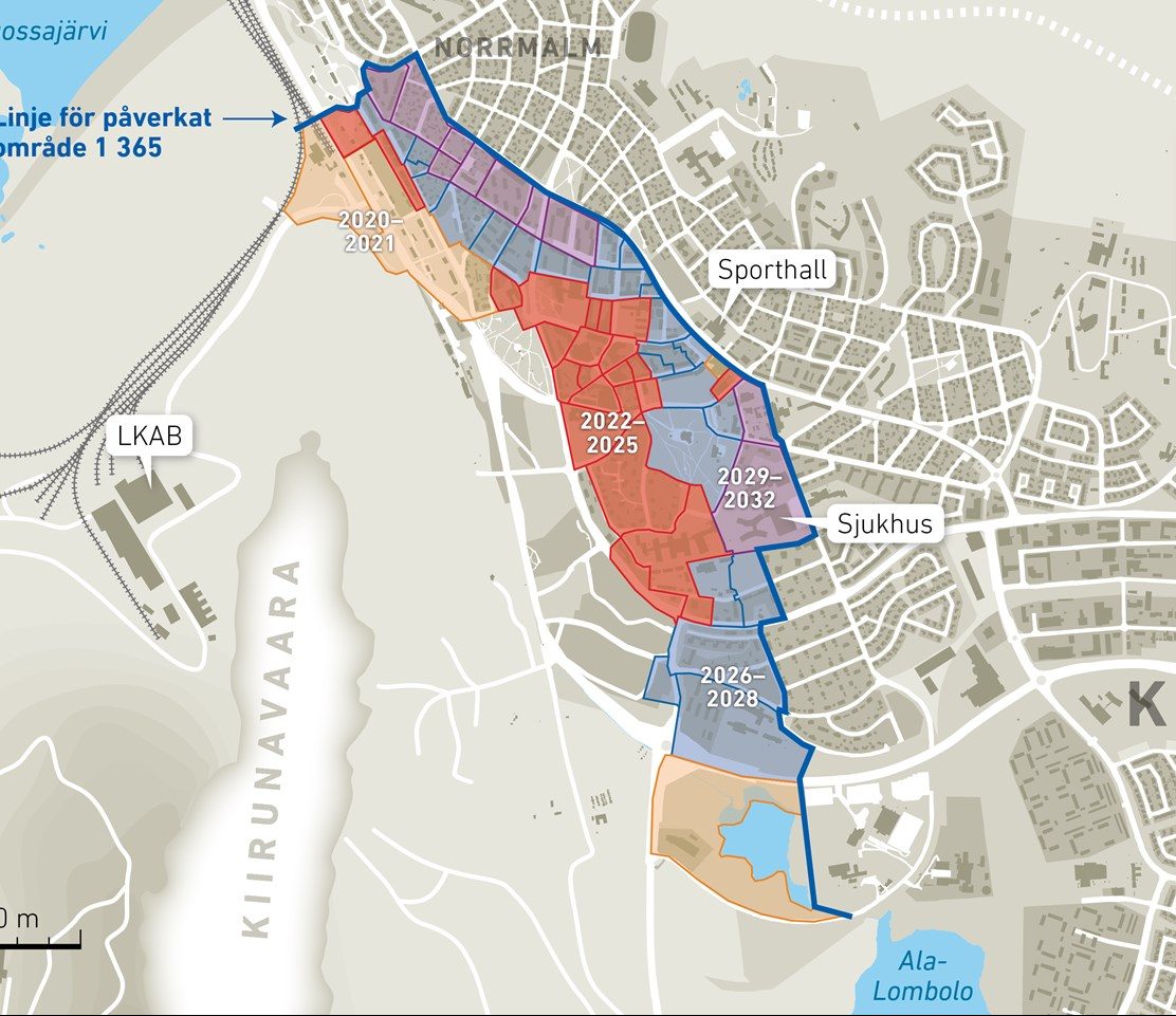 Bilden visar tidsplanen för flytt av Kiruna centrum och närliggande områden.