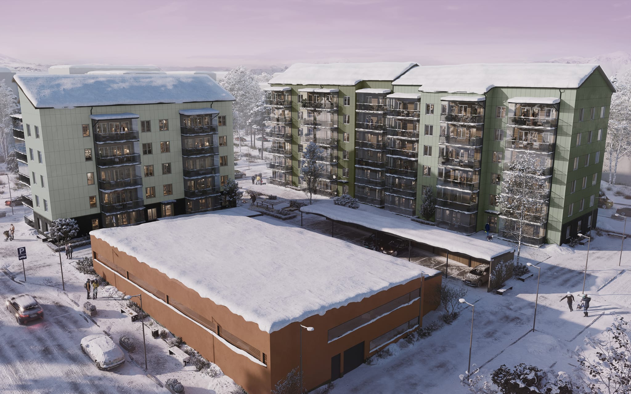 Bilden visar en rendering över hur bostadsrättsföreningen Glasbjörken kommer att se ut.